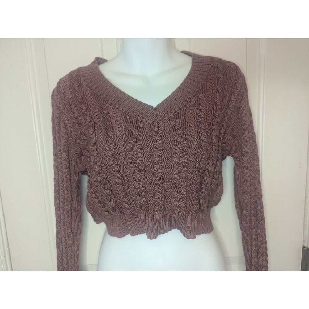 Love Tree Womens Cable Knit Cropped Sweater V-Neck Mauve Purple Long Sleeve M